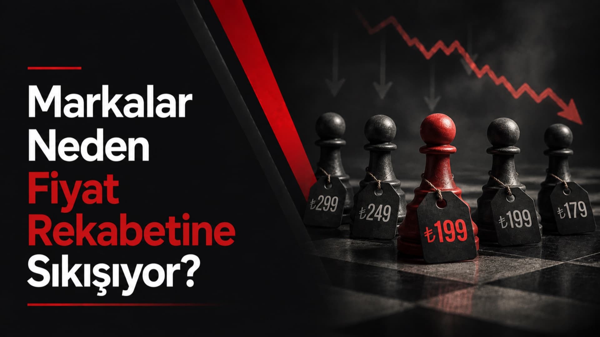 Fiyat etiketleri asılı satranç piyonları ve arkalarında aşağı yönlü kırmızı bir grafik
